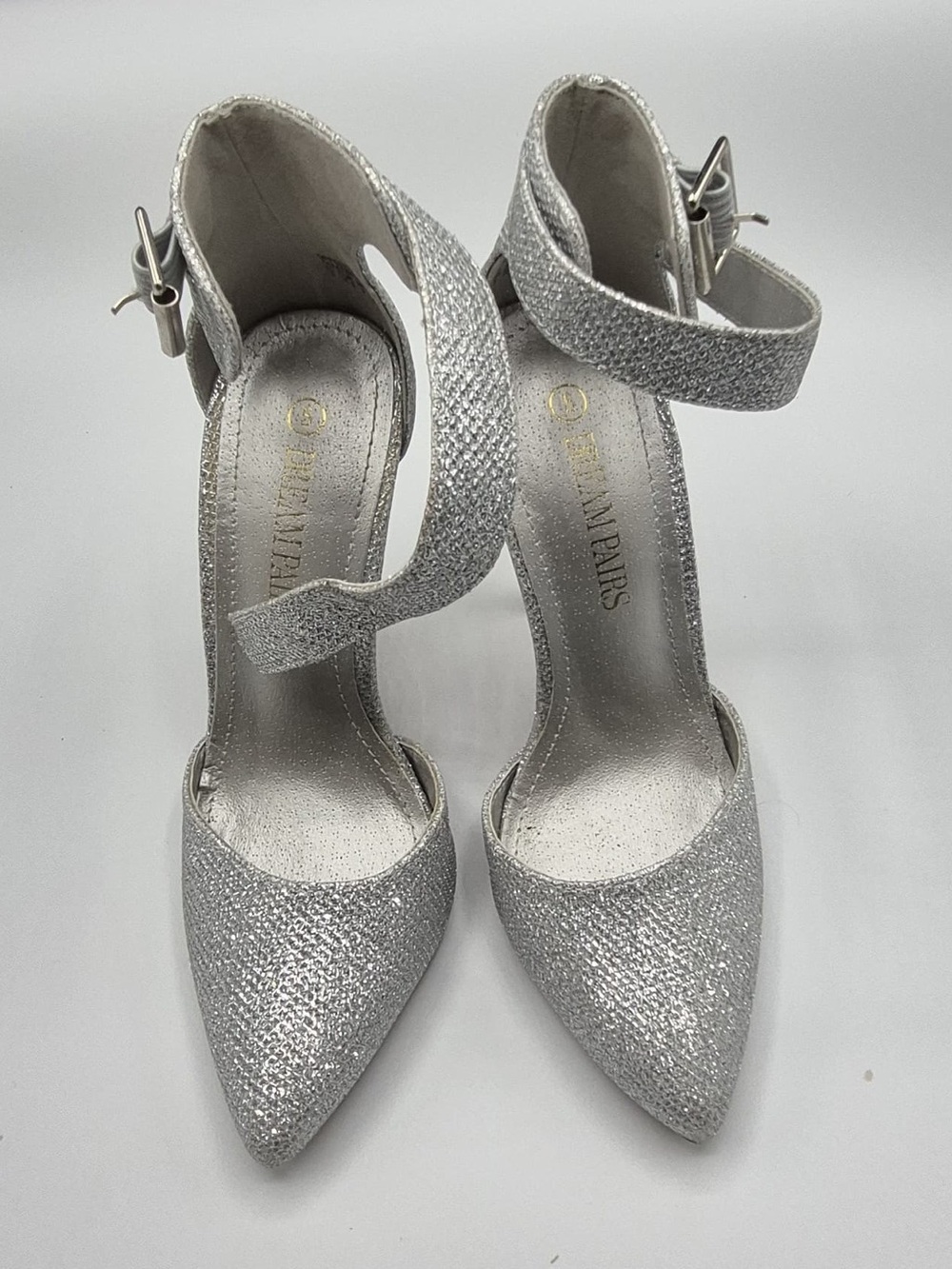 Dream Pairs Silver Glitter Pointed Ankle-Strap Heels